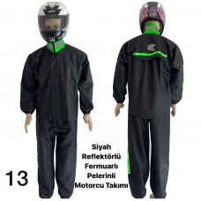 Motosiklet Yağmurluk (13) 2 li Takım Elbise Siyah Renk Ceket ve Pantolon Pelerinli, Fermuarlı Yeşil Yakalı Renk